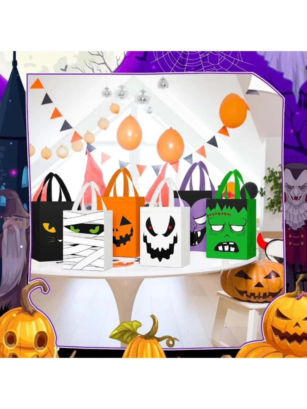 60 Pcs Halloween Treat Bags - Reusable Tote for Kids, Ghosts, Vampires